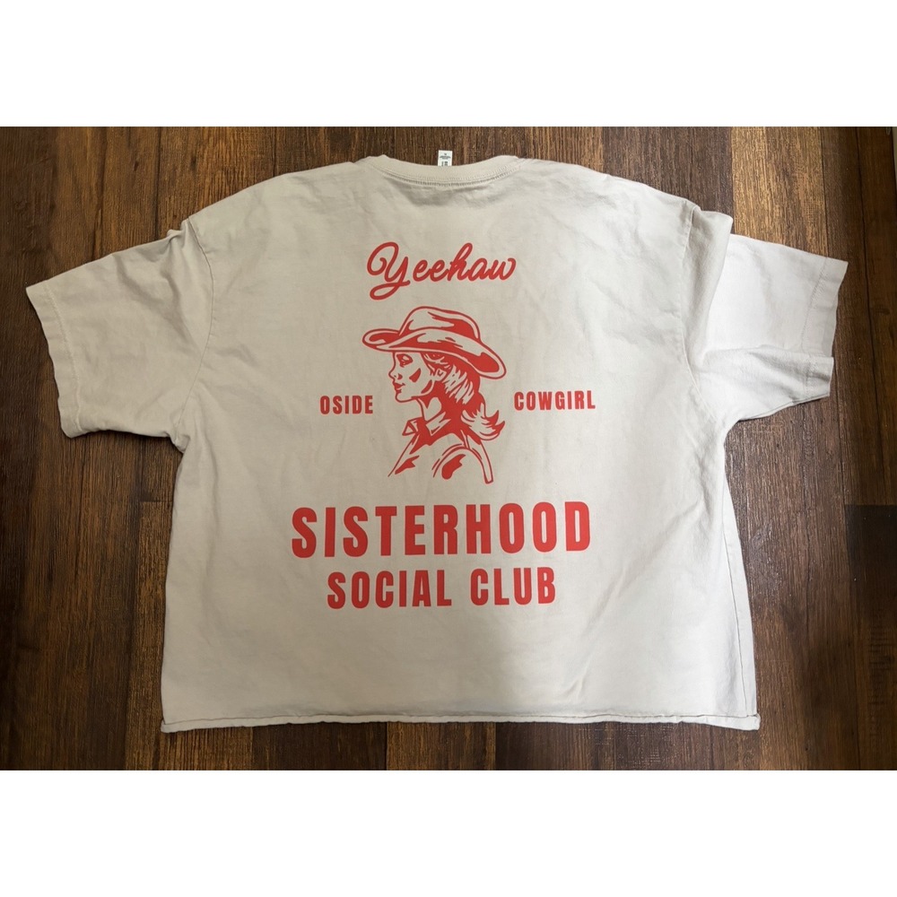 Women's Cowgirl T-Shirt White XL Mid-Riff Cut-Off Yeehaw Ranch Western Social